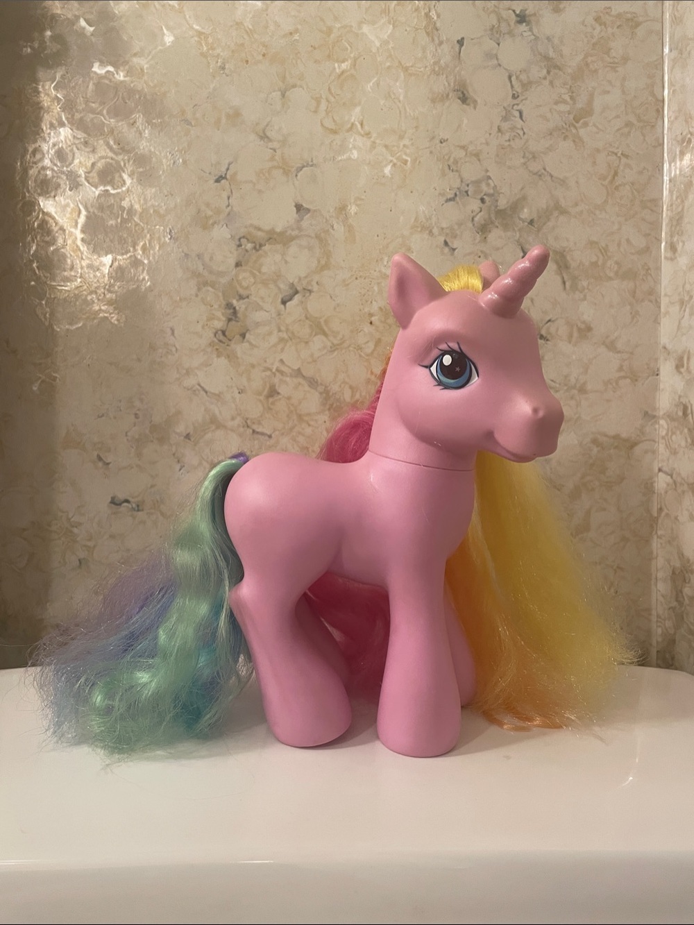 Vintage My Little Pony Pink Unicorn with Rainbow Mane and Tail. Large. Plastic.